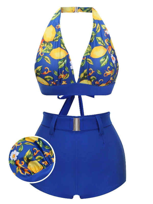 Value Deals Blue 1930s Halter Lemon Belted Swimsuit