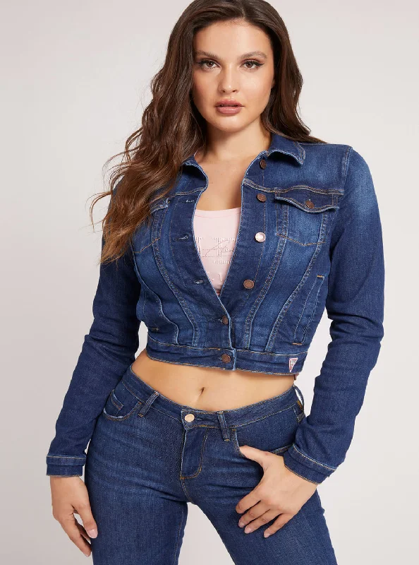 Unbeatable Deal Dark Blue Denim Sexy Crop Trucker Jacket