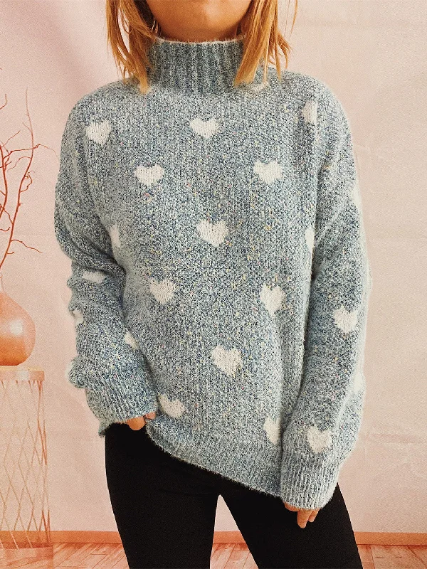 Low Price Heart Heathered Turtleneck Drop Shoulder Sweater