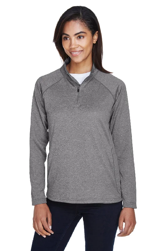 Stock Up Devon & Jones Womens Compass Stretch Tech Moisture Wicking 1/4 Zip Sweatshirt w/ Pockets - Heather Dark Grey