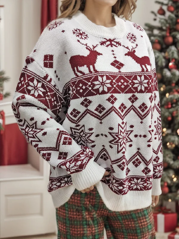 Weekend Bargains Just for You Snowflake Contrast Round Neck Long Sleeve Sweater