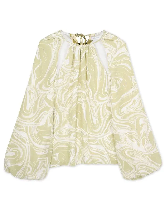 Weekend Wonders Await! Tia Marble Long Sleeve Tie Neck Top