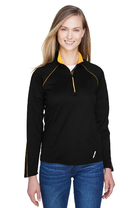 Weekend Discounts to Enjoy North End Womens Radar Performance Moisture Wicking 1/4 Zip Sweatshirt - Black/Campus Gold - Closeout Weekend Discounts to Enjoy North End Womens Radar Performance Moisture Wicking 1/4 Zip Sweatshirt - Black/Campus Gold - Closeout