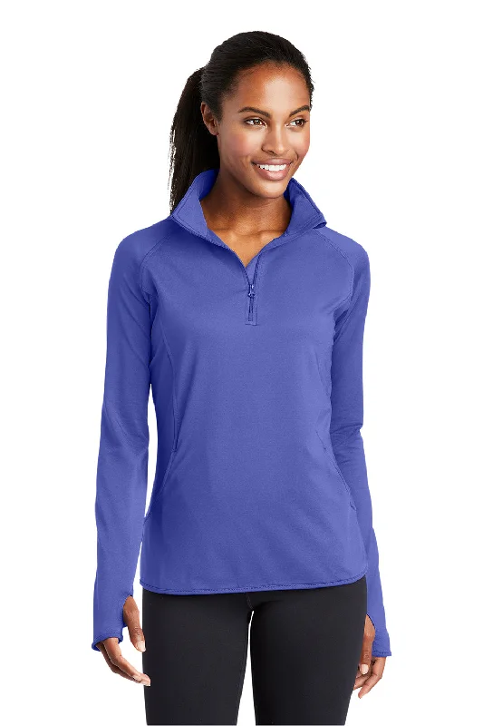 Weekend Wonders Await! Sport-Tek Womens Sport-Wick Moisture Wicking 1/4 Zip Sweatshirt w/ Pouch Pocket - Iris Purple Weekend Wonders Await! Sport-Tek Womens Sport-Wick Moisture Wicking 1/4 Zip Sweatshirt w/ Pouch Pocket - Iris Purple