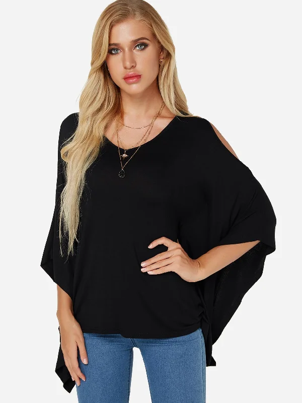 Weekend Deals That Sizzle Wholesale V-Neck Cold Shoulder Plain 3/4 Sleeve Black T-Shirts