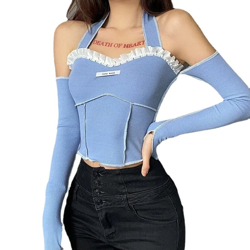 Buy Today Women's Gothic Halterneck Ruffled Splice Crop Top